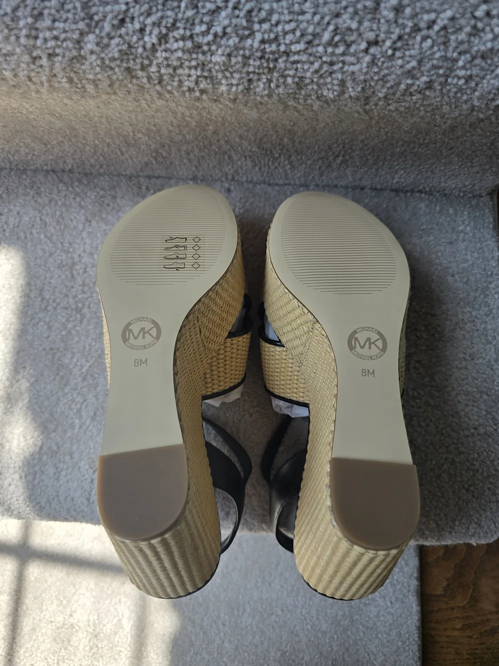 Michael Kors Black & Natural Woven Platform Wedge Sandals with MK Medallion
